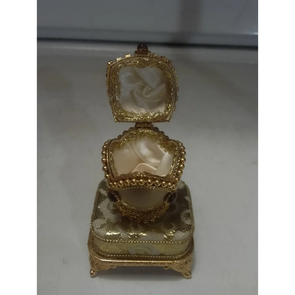 Vintage Gold Toned Jeweled Egg Trinket Box With Inside Lining Is Silky/Satin...